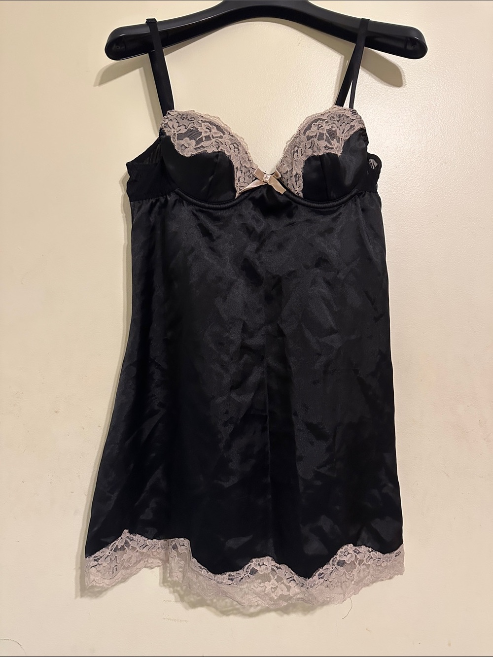Forever 21 Black Satin Chemise with Cream Lace Trim